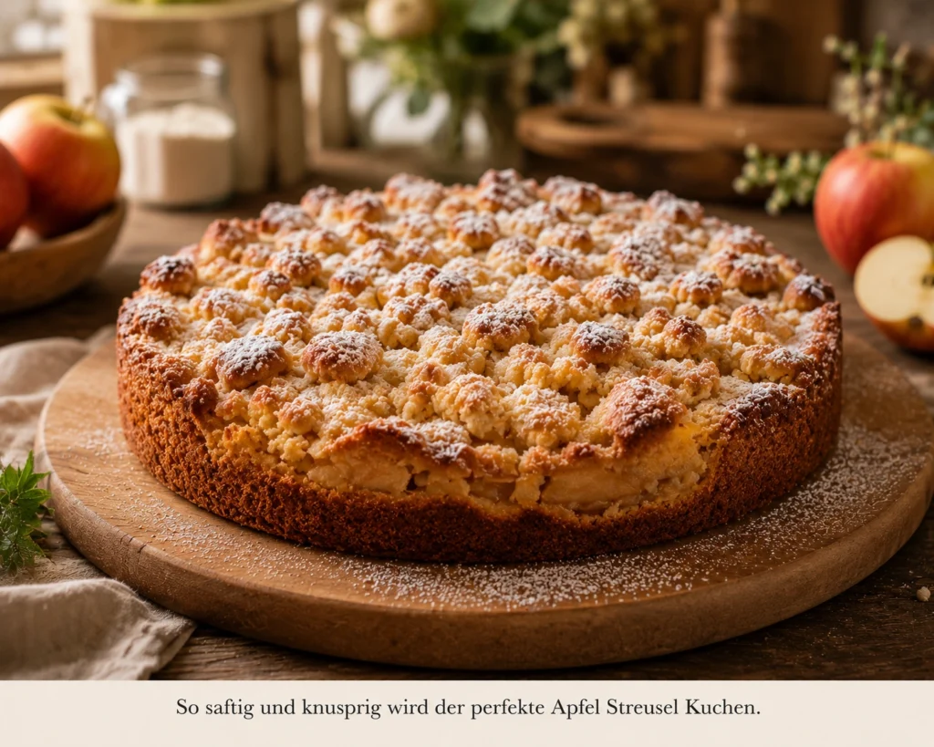 Frisch gebackener Apfel Streusel Kuchen auf einem rustikalen Holzbrett mit Puderzucker bestäubt