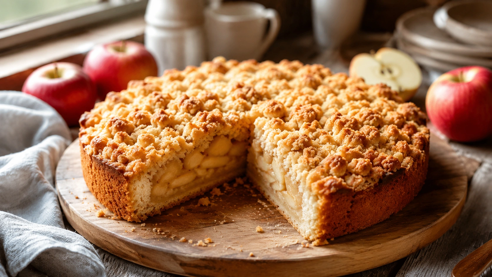 Saftiger Apfel Streusel Kuchen mit goldbraunen Streuseln auf einem Holzbrett in gemütlicher Küchenatmosphäre