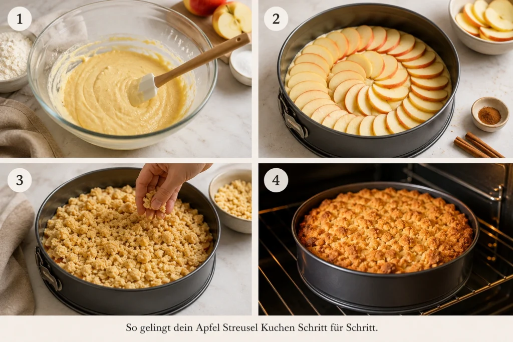 Vier Schritte zur Zubereitung von Apfel Streusel Kuchen mit Teig, Apfelscheiben, Streuseln und fertig gebackenem Kuchen