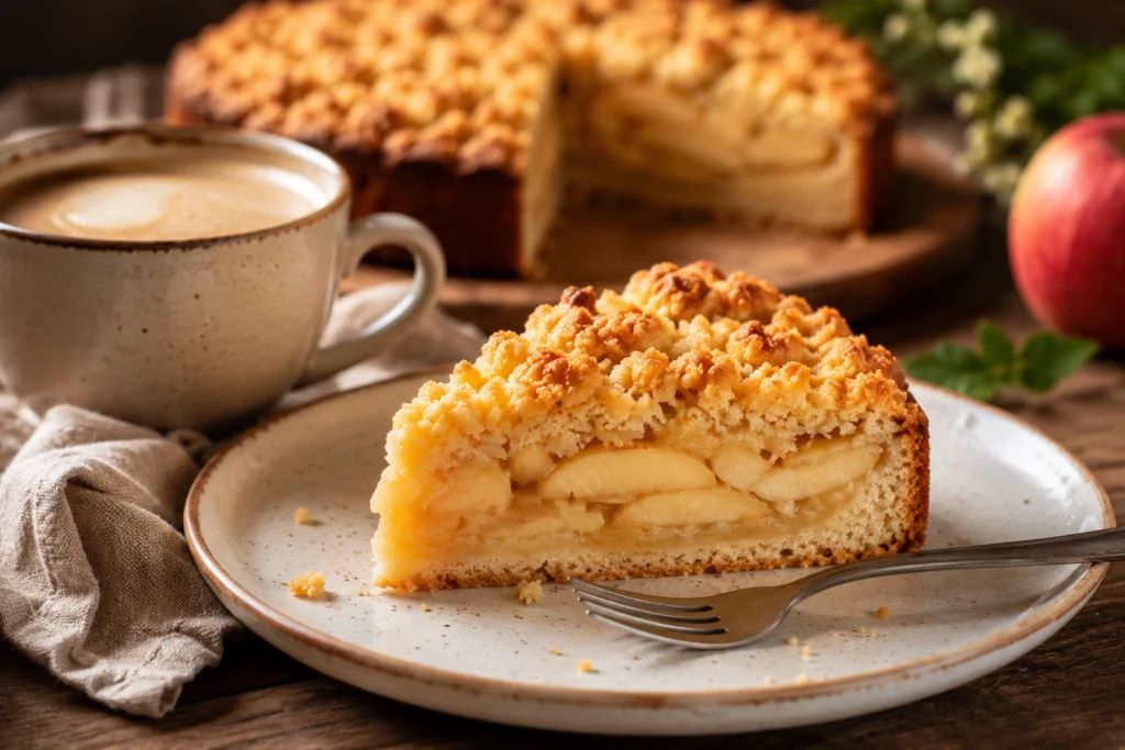Ein Stück Apfel Streusel Kuchen auf einem Teller mit einer Tasse Kaffee in gemütlicher Nachmittagsatmosphäre