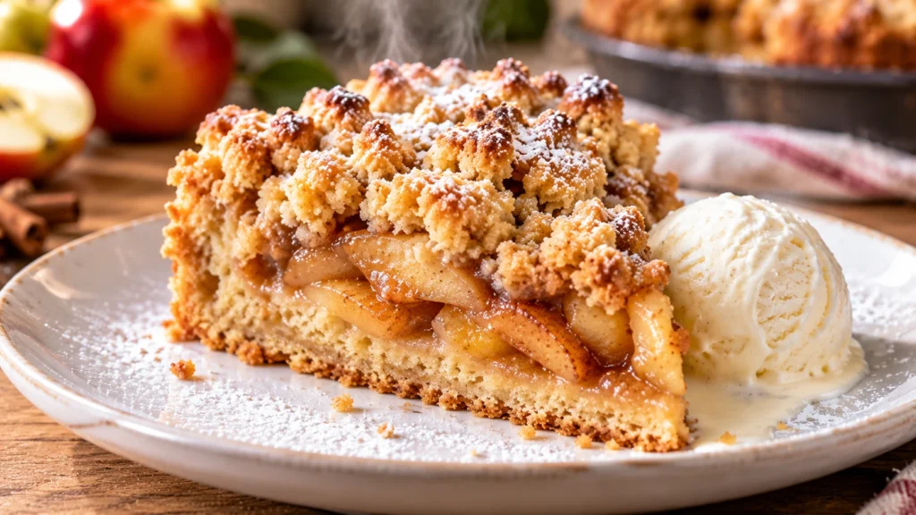 Apfel-Streusel-Kuchen mit saftiger Zimt-Apfelfüllung und goldbraunen Streuseln, serviert mit Vanilleeis