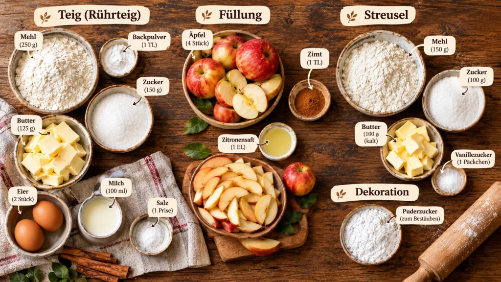Zutaten für Apfel-Streusel-Kuchen mit Äpfeln, Mehl, Zucker, Butter, Zimt und Streuseln auf einem Holztisch