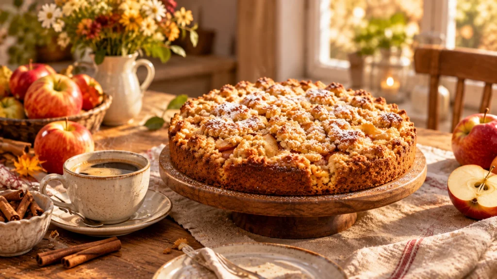 Apfel-Streusel-Kuchen mit goldbraunen Streuseln, Äpfeln, Kaffee und Zimt auf einem rustikalen Küchentisch