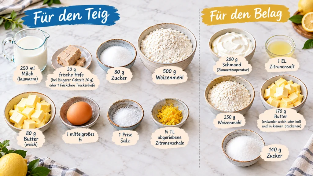 Zutaten für Streuselkuchen vom Blech mit Milch, Hefe, Mehl, Butter, Ei, Zucker und Schmand