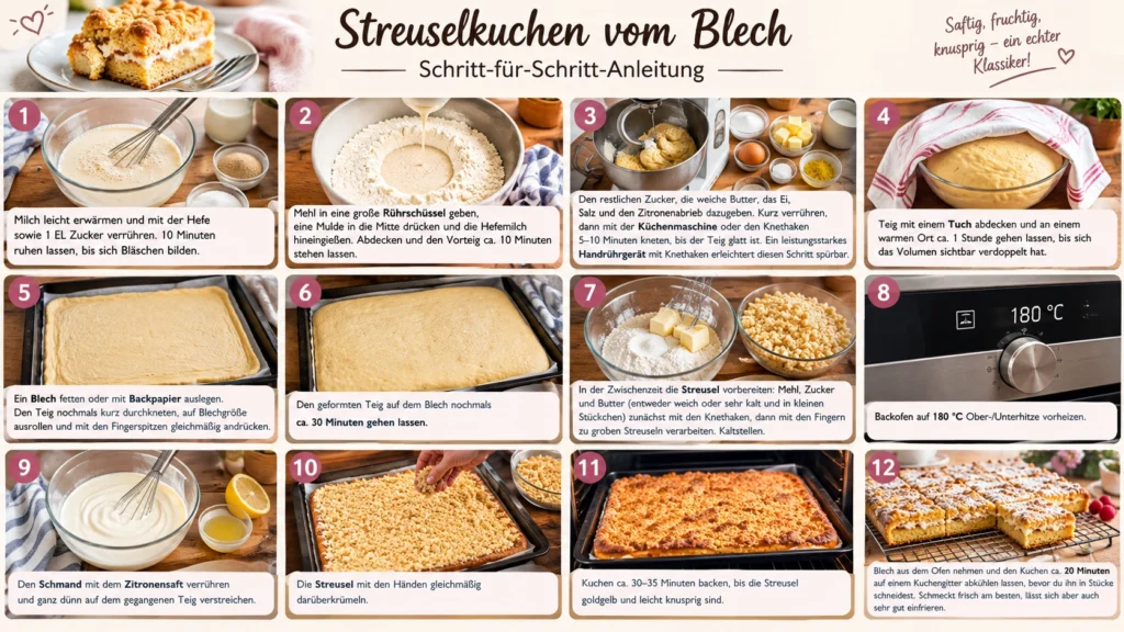 Schritt-für-Schritt-Anleitung für Streuselkuchen vom Blech – Zubereitung von Hefeteig, Streuseln und fertig gebackenem Blechkuchen