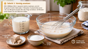 Schritt 1 Milch leicht erwärmen und mit der Hefe sowie 1 EL Zucker verrühren. 10 Minuten ruhen lassen, bis sich Bläschen bilden.