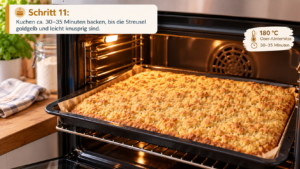 Schritt 11: Kuchen ca. 30–35 Minuten backen, bis die Streusel goldgelb und leicht knusprig sind.