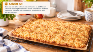 Schritt 12: Blech aus dem Ofen nehmen und den Kuchen ca. 20 Minuten auf einem Kuchengitter abkühlen lassen, bevor du ihn in Stücke schneidest. Schmeckt frisch am besten, lässt sich aber auch sehr gut einfrieren.