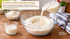 Schritt 2: Mehl in eine große Rührschüssel geben, eine Mulde in die Mitte drücken und die Hefemilch hineingießen. Abdecken und den Vorteig ca. 10 Minuten stehen lassen.