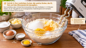 Schritt 3: Den restlichen Zucker, die weiche Butter, das Ei, Salz und den Zitronenabrieb dazugeben. Kurz verrühren, dann mit der Küchenmaschine oder den Knethaken 5–10 Minuten kneten, bis der Teig glatt ist. Ein leistungsstarkes Handrührgerät mit Knethaken erleichtert diesen Schritt spürbar.