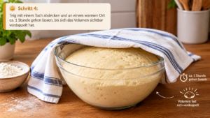 Schritt 4 Teig mit einem Tuch abdecken und an einem warmen Ort ca. 1 Stunde gehen lassen, bis sich das Volumen sichtbar verdoppelt hat.