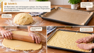 Schritt 5: Ein Blech fetten oder mit Backpapier auslegen. Den Teig nochmals kurz durchkneten, auf Blechgröße ausrollen und mit den Fingerspitzen gleichmäßig andrücken.