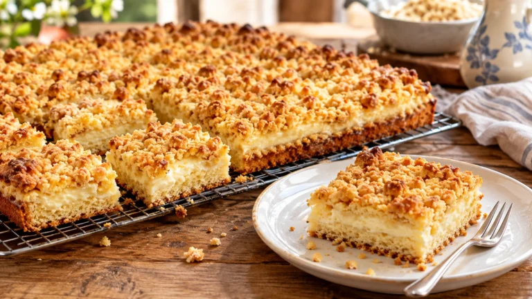 Streuselkuchen vom Blech mit goldbraunen Butterstreuseln und cremiger Schicht auf einem Kuchengitter