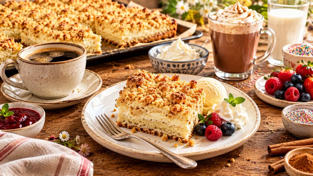 Streuselkuchen vom Blech mit Vanilleeis, Schlagsahne, Kaffee und frischen Beeren