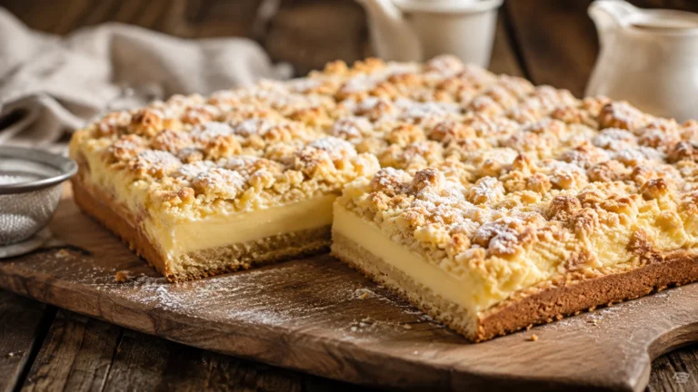Frisch gebackener Pudding-Streuselkuchen mit cremiger Puddingschicht und goldbraunen Streuseln