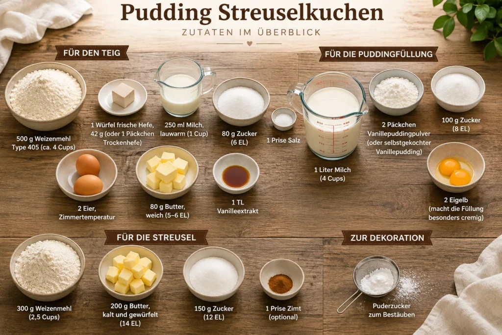 Zutaten für Pudding Streuselkuchen mit Teig, Vanillepudding und Streuseln