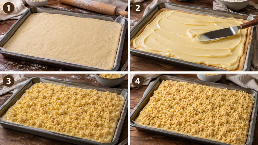 Schritt-für-Schritt-Zubereitung von Pudding Streuselkuchen in vier Bildern