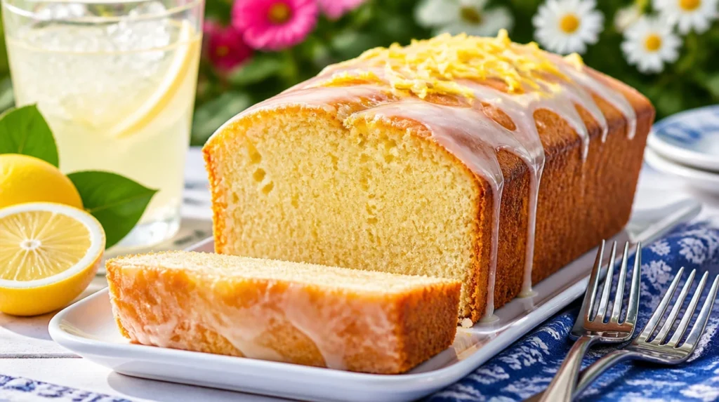 Saftiger Zitronenkuchen mit Joghurt, glasiert mit weißem Zuckerguss, auf einem Holzbrett angerichtet