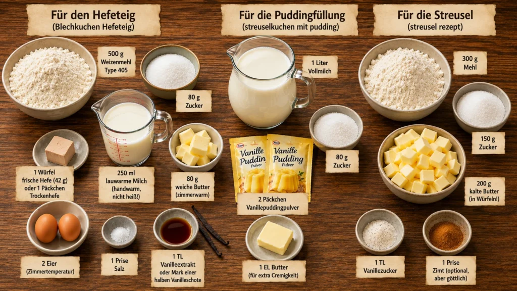 Frisch gebackener Streuselkuchen Rezept mit goldbraunen Butterstreuseln und cremiger Vanillepuddingfüllung auf einem Backblech – perfekter deutscher Blechkuchen.