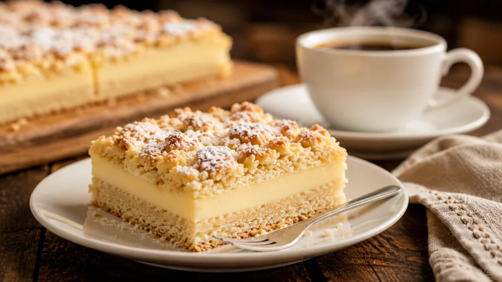 Serviervorschlag für Pudding Streuselkuchen mit Kaffee