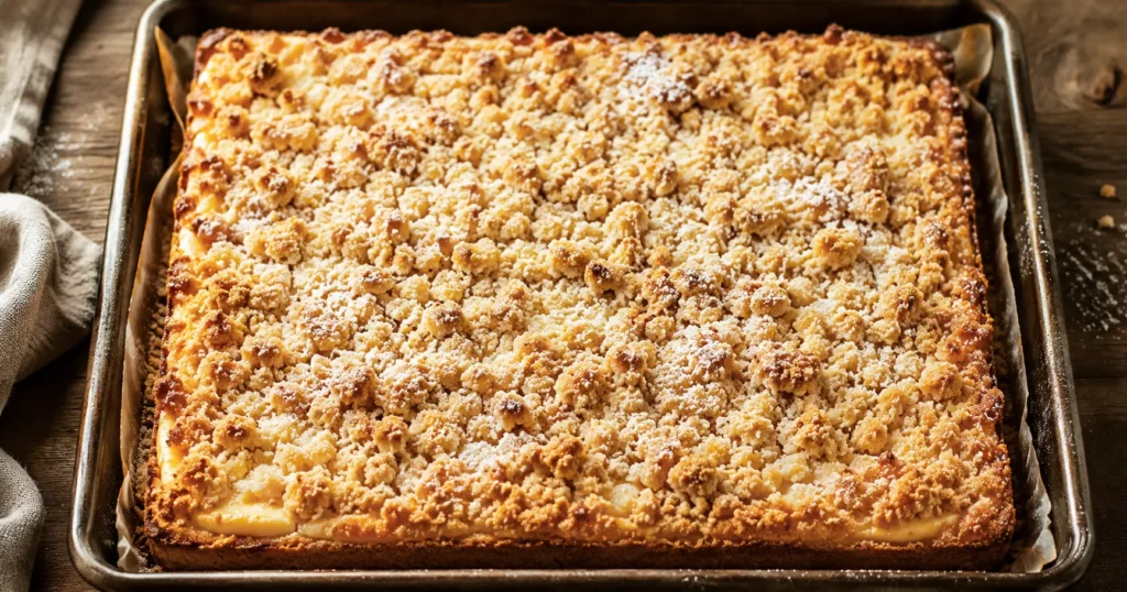 Pudding Streuselkuchen auf dem Backblech mit cremiger Vanillepudding-Schicht, goldbraunen Butterstreuseln und leichtem Puderzucker