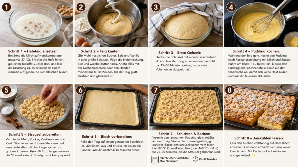 Schritt-für-Schritt-Anleitung für Streuselkuchen Rezept mit Hefeteig, Vanillepudding und knusprigen Streuseln