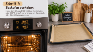 Schritt 1 – Backofen vorheizen. Heize den Backofen auf 180 °C Ober-/Unterhitze oder 160 °C Umluft vor und lege ein Backblech 40 × 35 mit Backpapier aus.