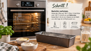 Schritt 1: Backofen vorheizen. Heize den Ofen auf 180 °C Ober-/Unterhitze oder 160 °C Umluft vor und fette eine Kastenform 30 cm ein. Stäube sie mit Mehl aus oder lege sie mit Backpapier aus.