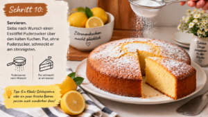 Schritt 10 – Servieren. Siebe nach Wunsch einen Esslöffel Puderzucker über den kalten Kuchen. Pur, ohne Puderzucker, schmeckt er am zitronigsten.