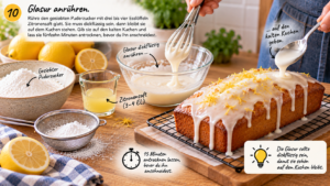 Schritt 10: Glasur anrühren. Rühre den gesiebten Puderzucker mit drei bis vier Esslöffeln Zitronensaft glatt. Sie muss dickflüssig sein, dann bleibt sie auf dem Kuchen stehen. Gib sie auf den kalten Kuchen und lass sie fünfzehn Minuten antrocknen, bevor du ihn anschneidest.