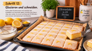 Schritt 12 – Glasieren und schneiden. Rühre den Puderzucker mit drei bis vier Esslöffeln Zitronensaft glatt, streiche die Glasur über den kalten Kuchen und lass sie 20 Minuten antrocknen. Schneide dann 24 Stücke.