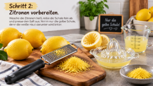 Schritt 2 – Zitronen vorbereiten. Wasche die Zitronen heiß, reibe die Schale fein ab und presse den Saft aus. Nimm nur die gelbe Schale, denn die weiße Haut darunter wird bitter.