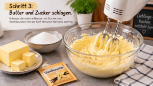 Schritt 3 – Butter und Zucker schlagen. Schlage die weiche Butter mit Zucker und Vanillezucker vier bis fünf Minuten hell und cremig.
