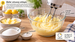 Schritt 3: Butter schaumig schlagen. Gib die weiche Butter mit dem Zucker und dem Vanillezucker in eine Schüssel und schlage beides fünf Minuten hell und schaumig. Mit einer Küchenmaschine mit Knethaken reicht die mittlere Stufe.