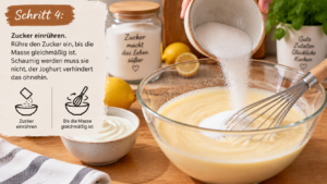 Schritt 4 – Zucker einrühren. Rühre den Zucker ein, bis die Masse gleichmäßig ist. Schaumig werden muss sie nicht, der Joghurt verhindert das ohnehin.