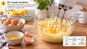 Schritt 4: Eier einzeln einrühren. Rühre die Eier nacheinander ein und warte, bis jedes Ei aufgenommen ist, bevor das nächste dazu kommt. So bindet der Teig gleichmäßig.