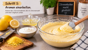 Schritt 5 – Aromen einarbeiten. Rühre den Zitronenabrieb, 80 ml Zitronensaft und den Joghurt unter.