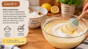 Schritt 5 – Mehl untermischen. Mische Mehl und Backpulver in einer zweiten Schüssel und hebe sie mit einem Teigschaber unter, bis kein Mehl mehr zu sehen ist. Rühre kurz, sonst wird der Kuchen zäh.