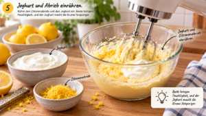 Schritt 5: Joghurt und Abrieb einrühren. Rühre den Zitronenabrieb und den Joghurt ein. Beide bringen Feuchtigkeit, und der Joghurt macht die Krume feinporiger.