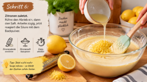 Schritt 6 – Zitronen zuletzt. Rühre den Abrieb ein, dann den Saft. Arbeite zügig, jetzt reagiert die Säure mit dem Backpulver.
