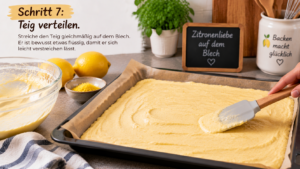 Schritt 7 – Teig verteilen. Streiche den Teig gleichmäßig auf dem Blech. Er ist bewusst etwas flüssig, damit er sich leicht verstreichen lässt.