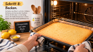 Schritt 8 – Backen. Schiebe das Blech auf die mittlere Schiene und backe den Kuchen 30 bis 35 Minuten. Er ist fertig, wenn die Stäbchenprobe trocken bleibt und der Rand goldbraun ist.