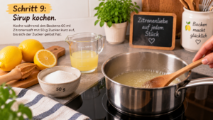 Schritt 9 – Sirup kochen. Koche während des Backens 60 ml Zitronensaft mit 50 g Zucker kurz auf, bis sich der Zucker gelöst hat.