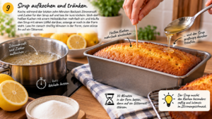 Schritt 9: Sirup aufkochen und tränken. Koche während der letzten zehn Minuten Backzeit Zitronensaft und Zucker für den Sirup auf und lass ihn kurz köcheln. Stich den heißen Kuchen mit einem Holzstäbchen mehrfach ein und träufle den Sirup mit einem Löffel darüber, solange er noch in der Form steht. Lass ihn danach dreißig Minuten in der Form, dann stürze ihn auf ein Gitterrost.