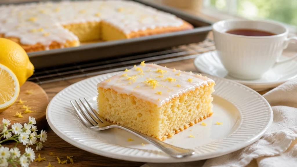 Ein saftiges Stück Zitronenkuchen Blech mit weißer Zitronenglasur und frischer Zitronenschale auf einem weißen Teller