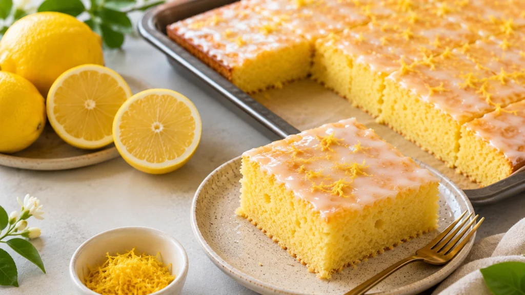 Saftiger Zitronenkuchen Blech mit glänzender Zitronenglasur, frischen Zitronen und Zitronenabrieb auf einem hellen Tisch.