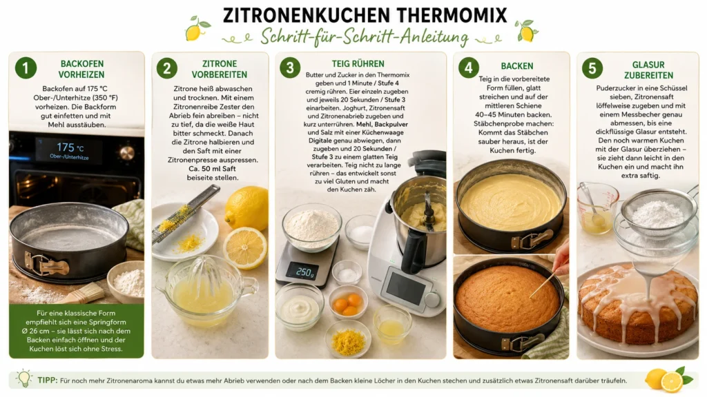 Schritt-für-Schritt-Anleitung für Zitronenkuchen Thermomix mit Vorbereitung, Teig, Backen und Zitronenglasur in einer übersichtlichen