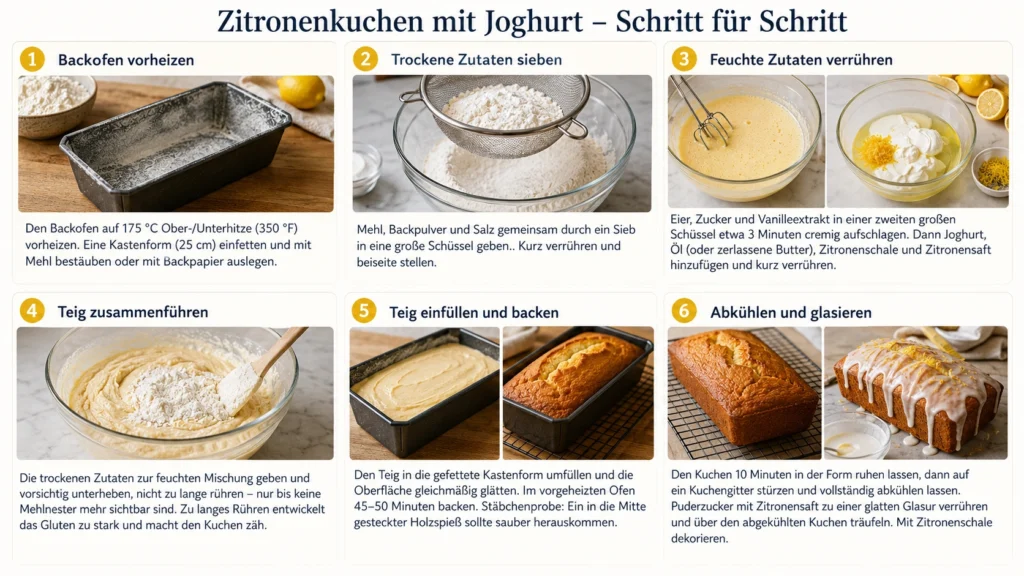 Zitronenkuchen mit Joghurt – Schritt-für-Schritt-Anleitung mit 6 Bildern: Kastenform, Mehl sieben, Teig anrühren, Zutaten mischen, Kuchen backen und mit Zuckerglasur verzieren