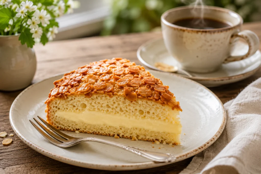 Ein Stück Bienenstich Rezept auf einem weißen Teller mit cremiger Vanillefüllung und goldener Mandelkruste, serviert mit einer Tasse heißen Kaffee.