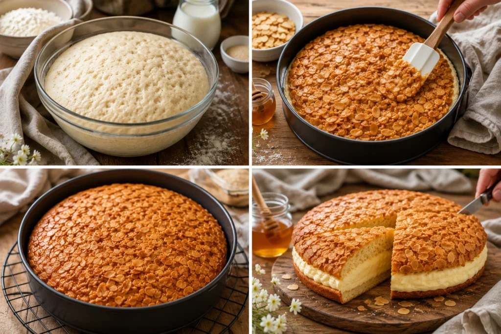 Vier Schritte zur Zubereitung eines klassischen Bienenstich Rezepts – Hefeteig gehen lassen, Mandelkruste auftragen, Kuchen backen und mit Vanillecreme füllen.